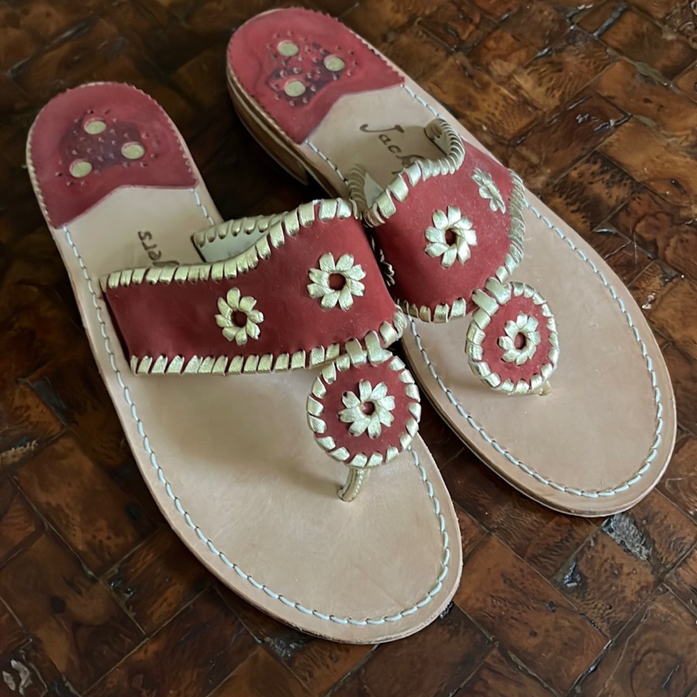 Jack Rogers sandal, size 8, deep red and gold with tan footbed.